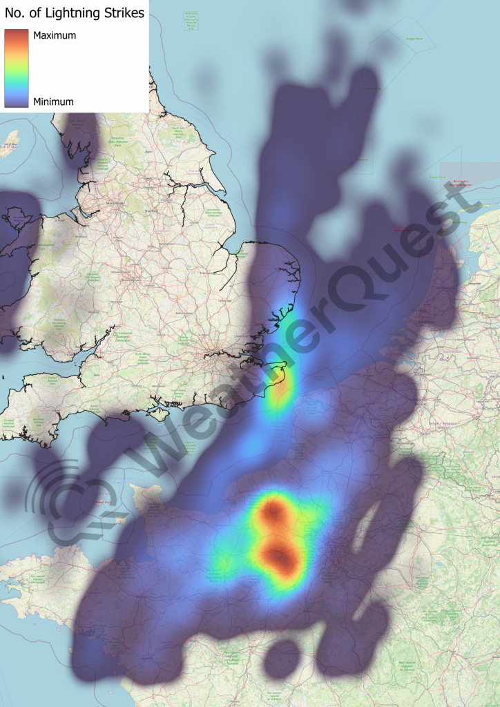 A heat map showing where the most lightning strikes occurred.