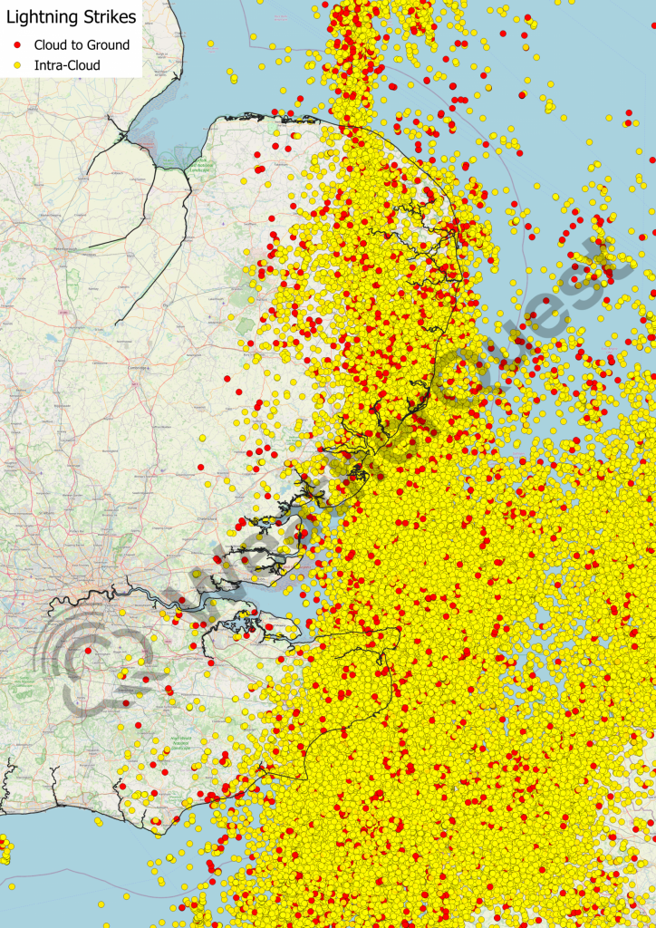 A map showing the dispersion of lightning strike type over East Anglia and the Southeast.