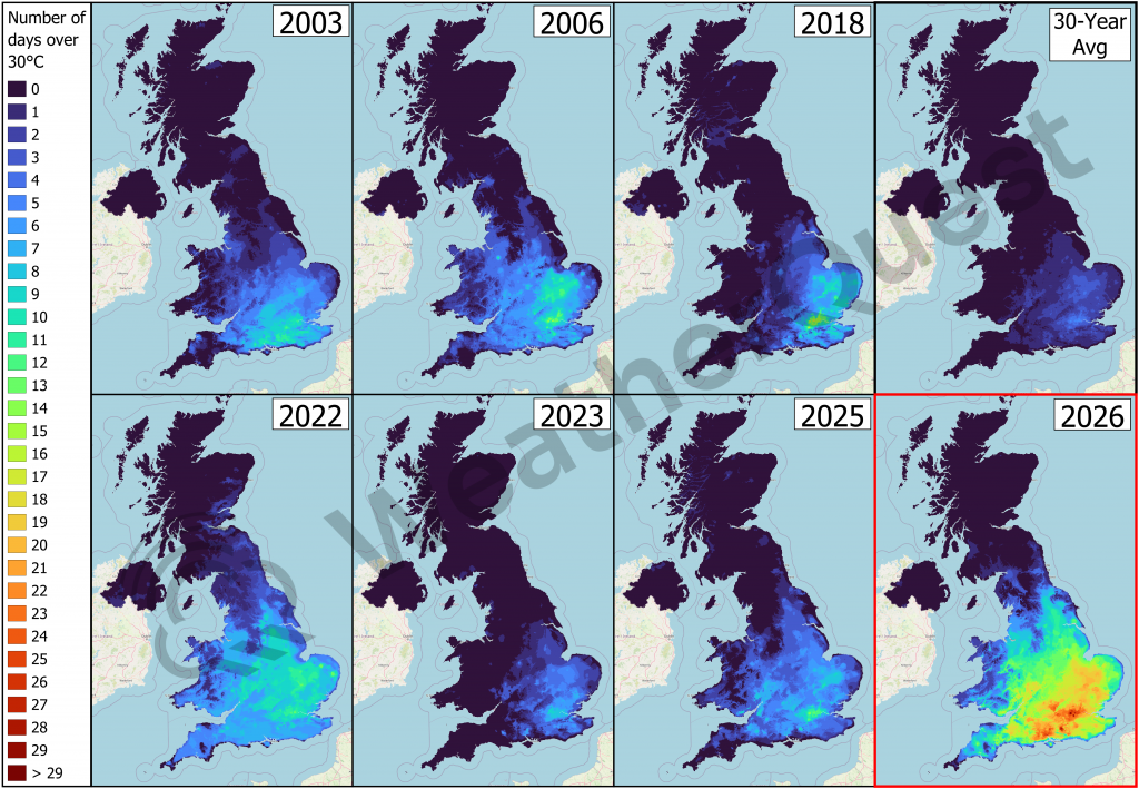 Maps of the UK showing the number of days when temperatures reached or exceeded 30°C during warm years